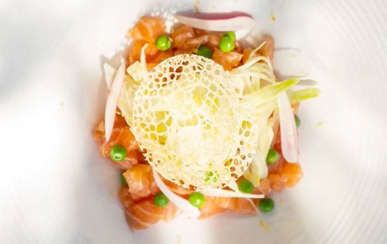 Assiette gastronomique raffinée à base de saumon, petits pois et chips dentelle